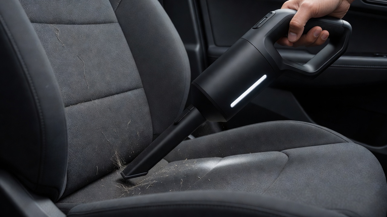 A small, powerful handheld vacuum cleaning the crevices of a car seat