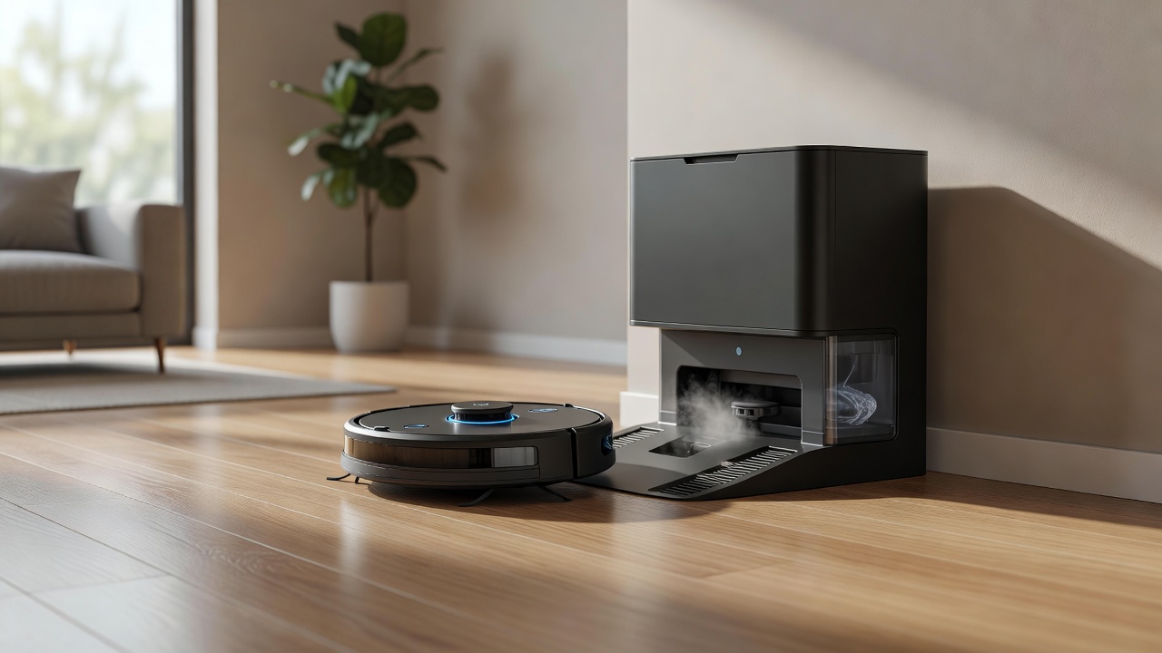 A sleek robot vacuum returning to its automated self-emptying dock