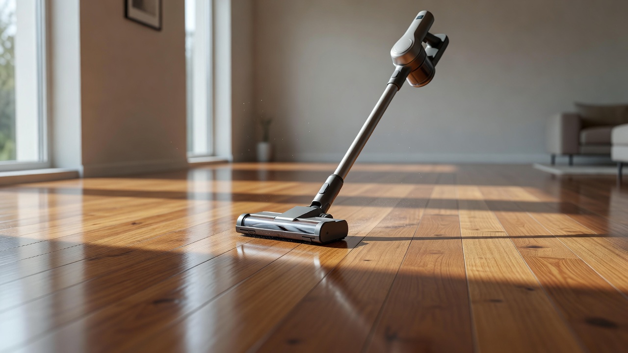 A lightweight cordless stick vacuum gliding across a pristine hardwood floor