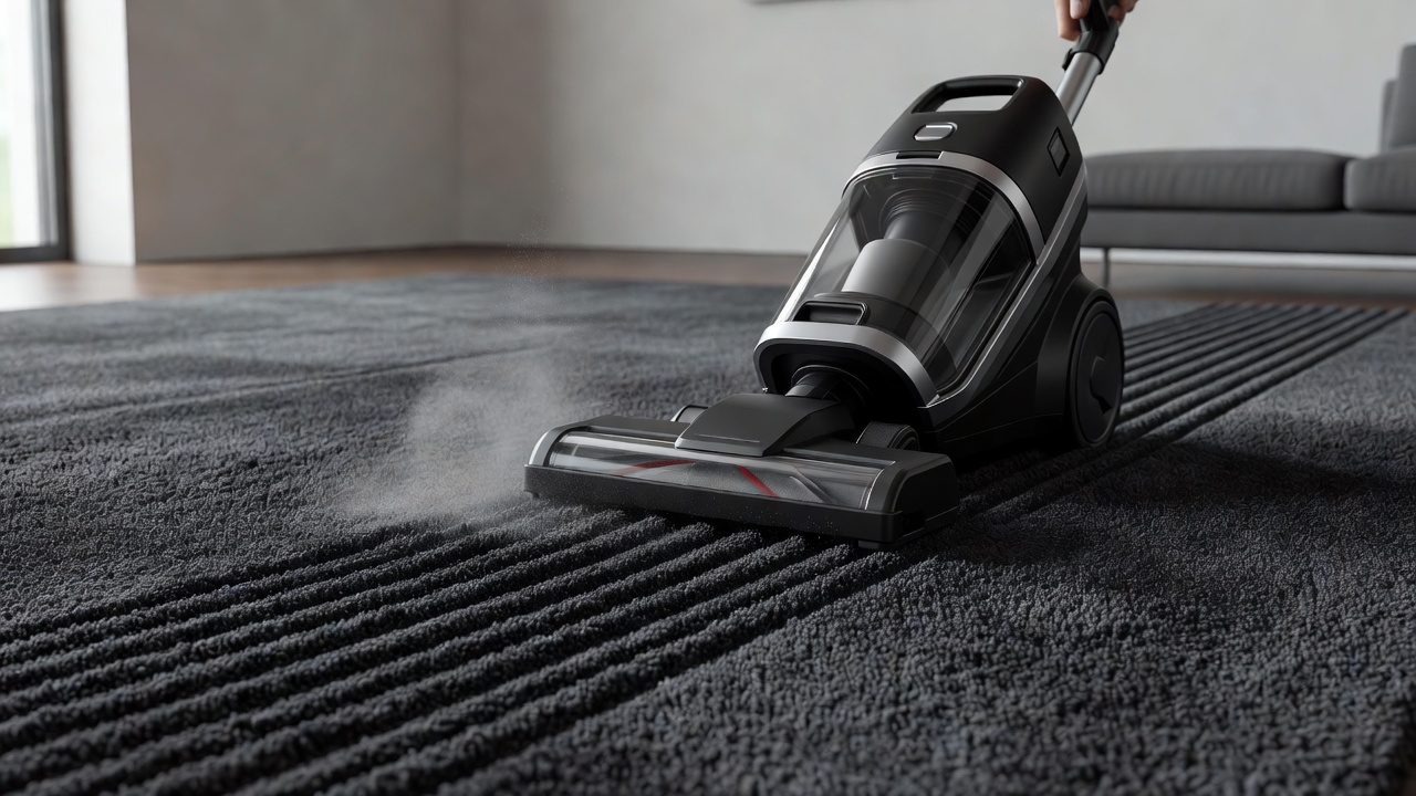 A powerful upright vacuum cleaner creating clean lines on thick carpeting